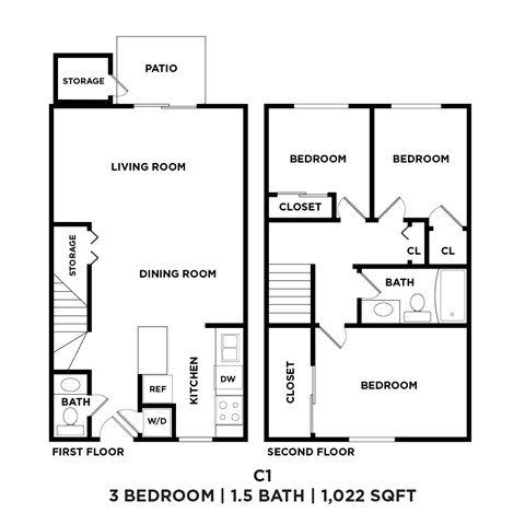 A black and white diagram of a two-story apartment with 3 bedrooms and 1.5 baths.